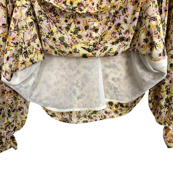 ALL IN FAVOR Women's L Yellow Purple Floral Pintuck Ruffle Cuff Blouse - Picture 5 of 8